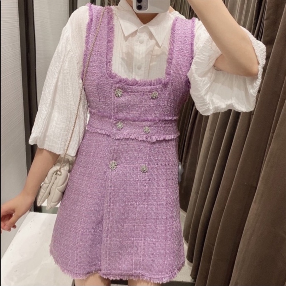 ZARA Purple Lavender Rhinestone Button Tweed Mini Sleeveless Dress Bloggers Fave